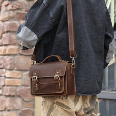Coffee Small Leather Satchel Side Bag 8 inches Messenger Bag Crossbody Purse for Men