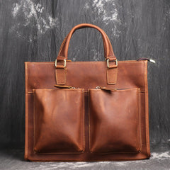 Coffee Leather Mens 14 inches Laptop Briefcase Brown Work Handbag Business Bag For Men