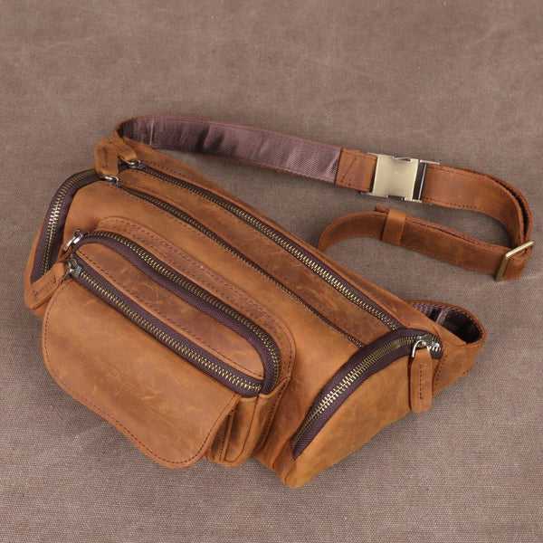 Brown Leather Fanny Packs Bulky Waist Bags Mens Hip Packs Bum Bags for Men