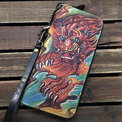 Black Handmade Tooled Tiger Leather Long Biker Wallet Chain Wallet Clutch Wallet For Men - iwalletsmen