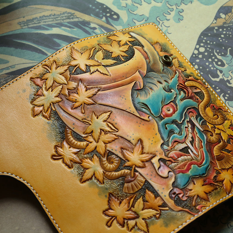 Handmade Leather Tooled PRAJNA Mens Chain Biker Wallet Cool Leather Wallet With Chain Wallets for Men