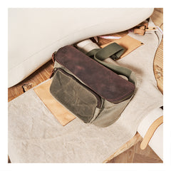 Vintage Canvas Green Leather Mens Fanny Pack Canvas Waist Bags Canvas Hip Pack for Men - iwalletsmen