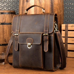 Casual Brown Leather Mens 14 inches School Backpacks Shoulder Briefcase Computer Backpack for Men - iwalletsmen