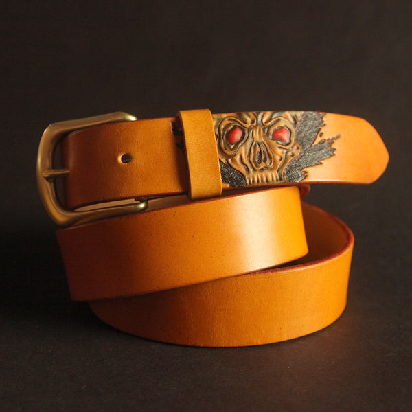 Cool Handmade Yellow Brown Skull Tooled Leather Mens Belt Carved Leather Belt for Men - iwalletsmen