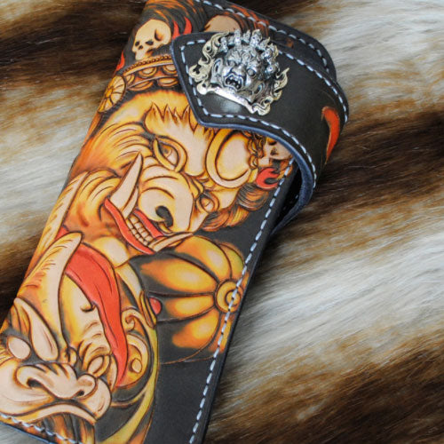 Handmade Mens Tooled God Mahakala Leather Chain Wallet Biker Trucker Wallet with Chain - iwalletsmen
