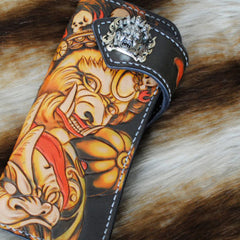 Handmade Mens Tooled God Mahakala Leather Chain Wallet Biker Trucker Wallet with Chain - iwalletsmen