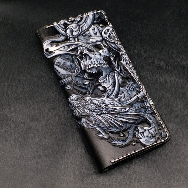 Black Handmade Tooled Japanese Samurai Skull Leather Mens Long Wallet Bifold Long Wallet For Men - iwalletsmen