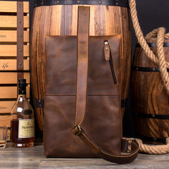 Casual Brown Leather Mens Large Sling Pack Sling Bag Chest Bag One Shoulder Backpacks for Men - iwalletsmen
