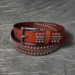 Cool Black Leather Metal Rock Belt Brown Motorcycle Punk Rivet Belt Leather Belt For Men - iwalletsmen