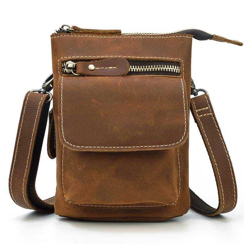 Casual Brown Leather Mini Messenger Bag Men's Belt Pouch Belt Bag Waist Pouch For Men - iwalletsmen