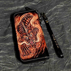 Badass Black Leather Men's Long Biker Handmade Wallet Beast Totem Tooled Zipper Long Chain Wallets For Men - iwalletsmen