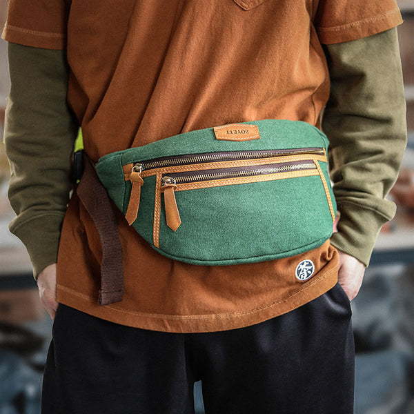 Green Canvas Leather Mens Chest Bag Waist Bag Fanny Pack Bum Pack For Men - iwalletsmen