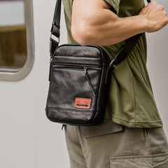 Black Small Leather Mens Vertical Side Bag Black Mini Postman Bag Messenger Bags Phone Bag for Men - iwalletsmen