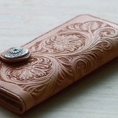 Handmade Mens Tooled Floral Beige Leather Long Biker Wallet Cool Long Chain Wallet for Men - iwalletsmen
