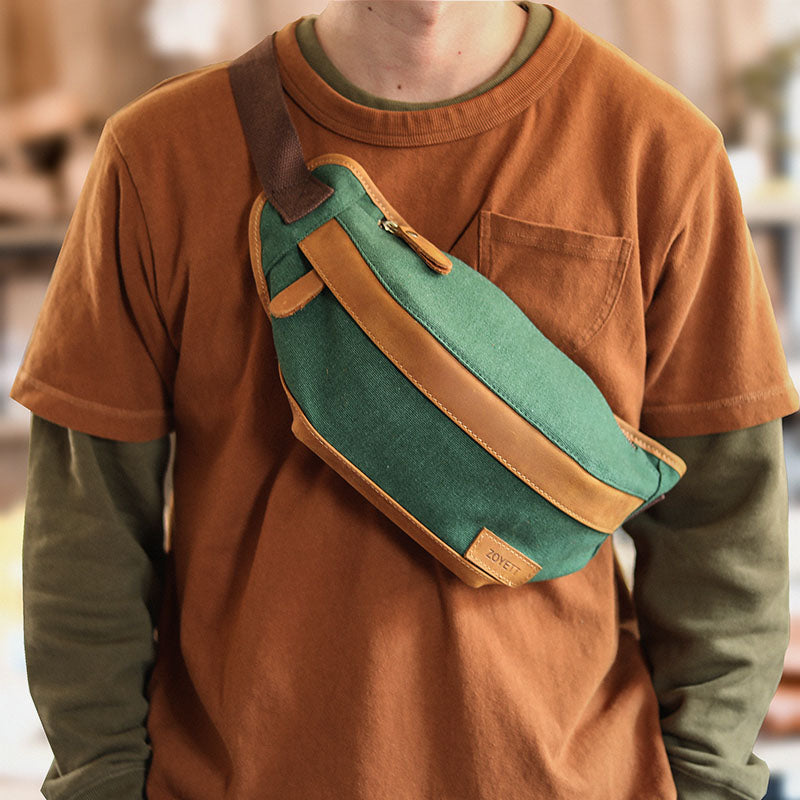Cool Canvas Leather Mens Chest Bag Green Waist Bag Fanny Pack Hip Bag Bum Pack For Men - iwalletsmen