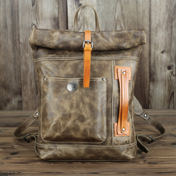 Mens Leather 14 inches Large School Laptop Backpack Rollup Khaki Brown Travel Backpacks for Men - iwalletsmen