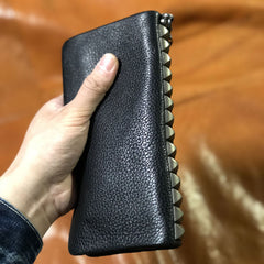 Genuine Leather Mens Cool Biker Chain Wallet Long Leather Wallet Clutch Wristlet Wallet for Men