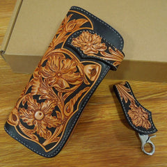 Handmade Leather Biker Wallet Tooled Floral Mens Cool Chain Wallet Trucker Wallet with Chain