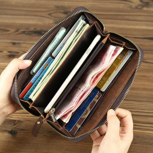 Braided Leather Long Wallet for Men Woven Bifold Long Wallet Brown Zip Cards Wallet For Men - iwalletsmen