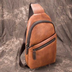 Gray Leather Men's Sling Bag 8 inches Brown Chest Bag One Shoulder Backpack For Men - iwalletsmen