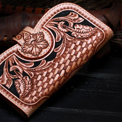 Handmade Leather Tooled Floral Mens Clutch Wallet Cool Wallet Long Wallets for Men Women