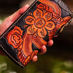 Handmade Leather Tooled Chinese Dragon Mens Chain Biker Wallet Cool Leather Wallet Zipper Long Phone Wallets for Men