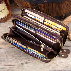 Cool Dark Brown Mens Bifold Zipper Long Wallet Clutch Wallet Wristlet CellPhone Wallet for Men - iwalletsmen