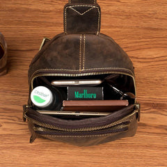 Cool Dark Brown Leather Mens Sling Bags Crossbody Pack One Shoulder Backpack Chest Bag for men - iwalletsmen