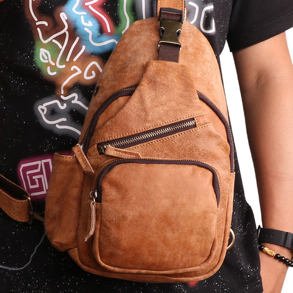 Cool Camel Leather Chest Bag Sling Bag Sling Crossbody Bags For Men - iwalletsmen