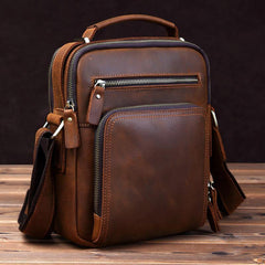 Small Brown Leather Messenger Bag Men's Vertical Side Bag Mini Vertical HandBag Courier Bag For Men - iwalletsmen