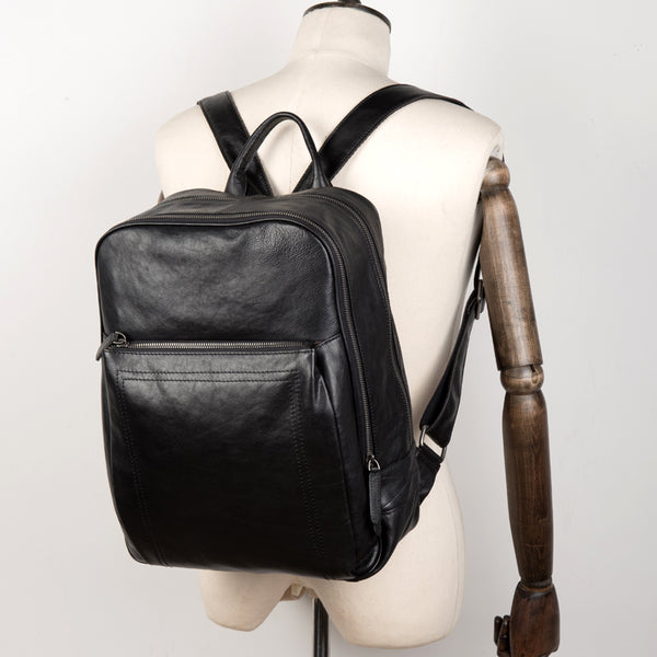 Fashion Black Mens Leather 15-inches Computer Backpack Black Travel Backpacks School Backpacks for men - iwalletsmen