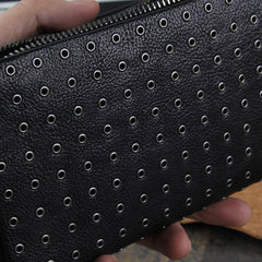 Genuine Leather Mens Cool Long Leather Wallet Zipper Clutch Wristlet Wallet for Men