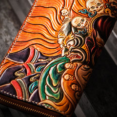 Handmade Leather Tooled Mahākāla Mens Zipper Wallet Cool Leather Wristlet Wallet for Men