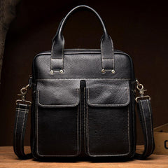 Fashion Black Leather 12 inches Vertical Briefcase Work Shoulder Bag Black Messenger Bag Computer Work Bag for Men - iwalletsmen