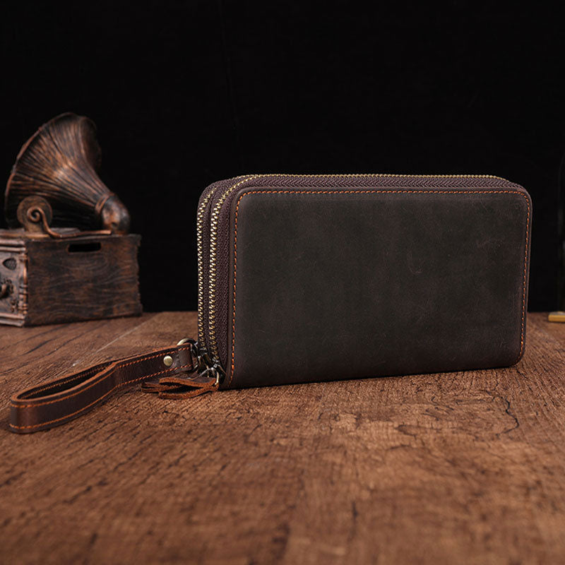 Cool Leather MensLong Wallet Double Zipper Clutch Wallet Wristlet Wallet - iwalletsmen