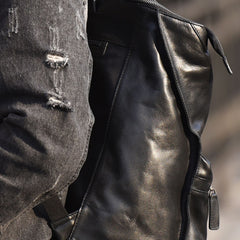 Genuine Leather Mens Cool Backpack Sling Bag Large Black Travel Bag Hiking Bag for men