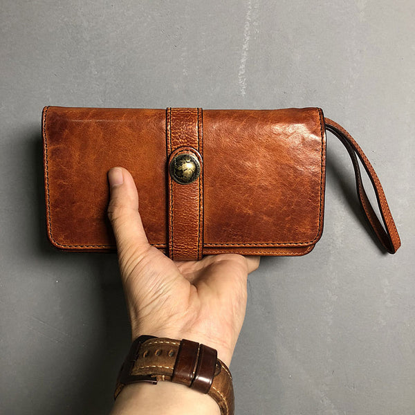 Handmade Genuine Leather Mens Cool Long Leather Wallet Biker Wallet Zipper Clutch Wristlet Wallet for Men