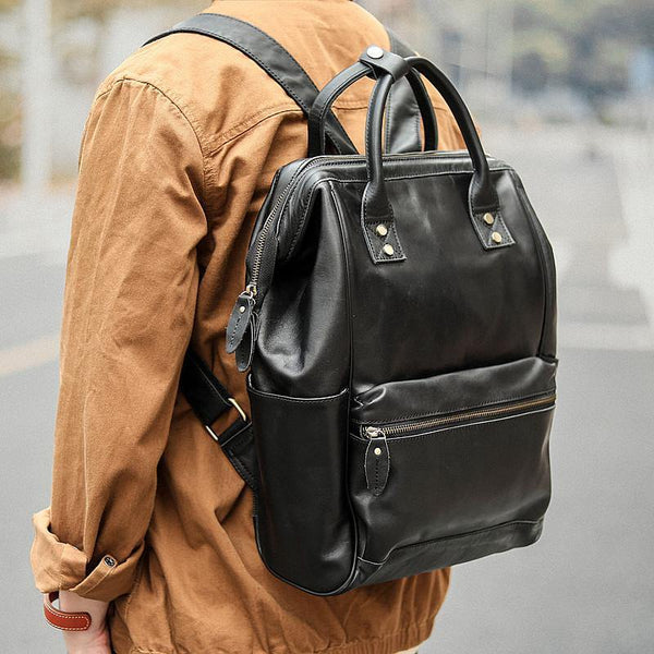 Cool Black Leather Mens Travel Backpack Work Handbag Briefcase Work Backpack For Men - iwalletsmen