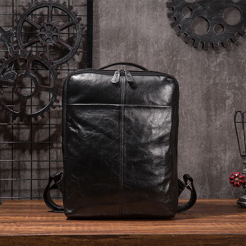 Black Cool Mens Leather Backpack Travel Backpack Leather 15inch Laptop Backpack for Men - iwalletsmen