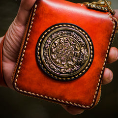 Handmade Leather Small Tibetan Tooled Mens billfold Wallet Cool Chain Wallet Biker Wallet for Men