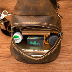 Cool Dark Brown Leather Mens Crossbody Pack Sling Bags Brown One Shoulder Pack Chest Bag for men - iwalletsmen