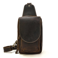 Leather Men's 8 inches Brown Sling Bag Chest Bag Dark Brown One Shoulder Backpack For Men - iwalletsmen