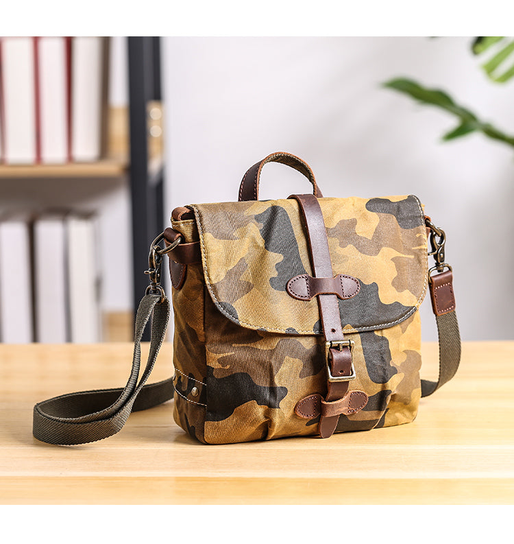 Camouflage Waxed Canvas Leather Mens Waterproof Side Bag Postman Bag Messenger Bag for Men - iwalletsmen