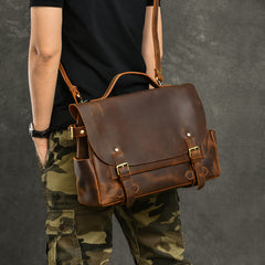 Leather Mens Brown Briefcase 12'' Laptop Briefcase Crossbody Side Bag Shoulder Bag For Men - iwalletsmen