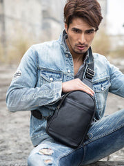 Black Casual Leather Mens Sling Bag Chest Bags Black One Shoulder Backpack Sling Pack for Men - iwalletsmen