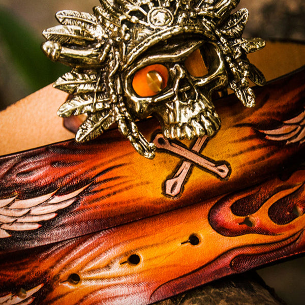 Handmade Genuine Leather Tooled Skull Mens Belt Custom Cool Leather Men Belt for Men