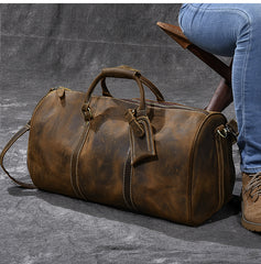 Retro Brown Leather Men's Business Overnight Bag Large Travel Bag Coffee Duffel Bag Weekender Bag For Men - iwalletsmen