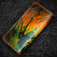 Handmade Leather Men Tooled Skull Cool Leather Wallet Long Phone Wallets for Men