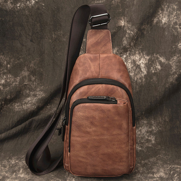Casual Brown Sling Bag LEATHER MENS Sling Pack One Shoulder BackPack FOR MEN - iwalletsmen