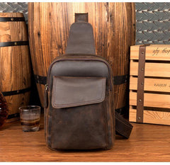 Cool Dark Brown Leather Mens Sling Bag Crossbody Pack One Shoulder Pack Brown Chest Bag for men - iwalletsmen